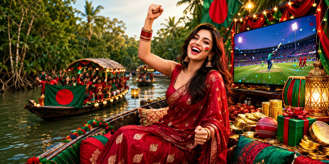 সুন্দরবনের পটভূমিতে ক্রিকেট বেটিং লাল সবুজ পতাকার সাথে